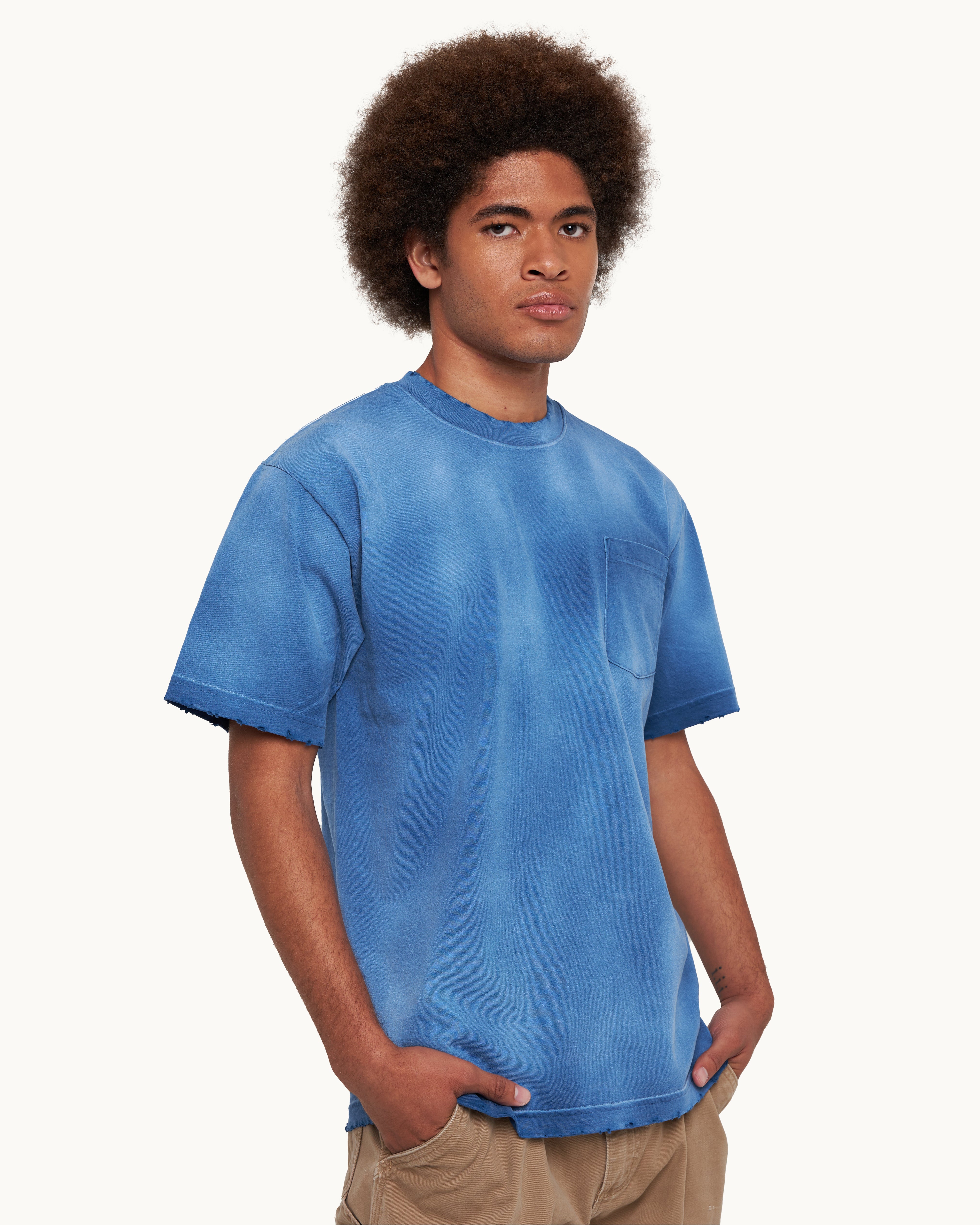 Mens Vintage Sun Fade Blue Mock Neck T-Shirt